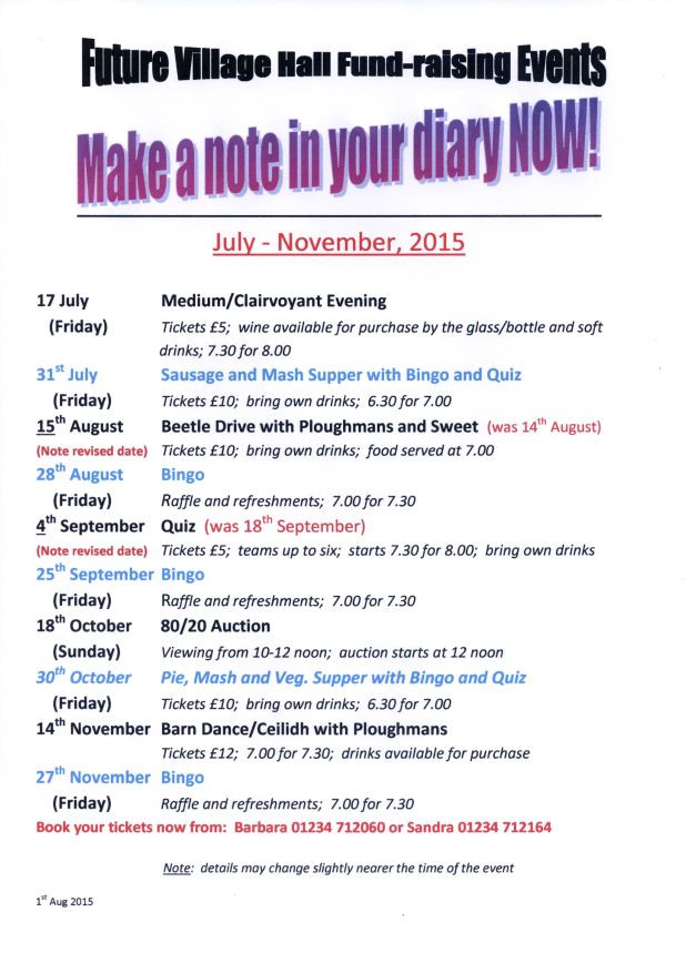 Village Hall Fundraising Events July-Nov 2015, update.