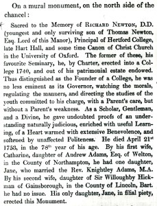 Transcript of the monument to Dr Richard Newton.