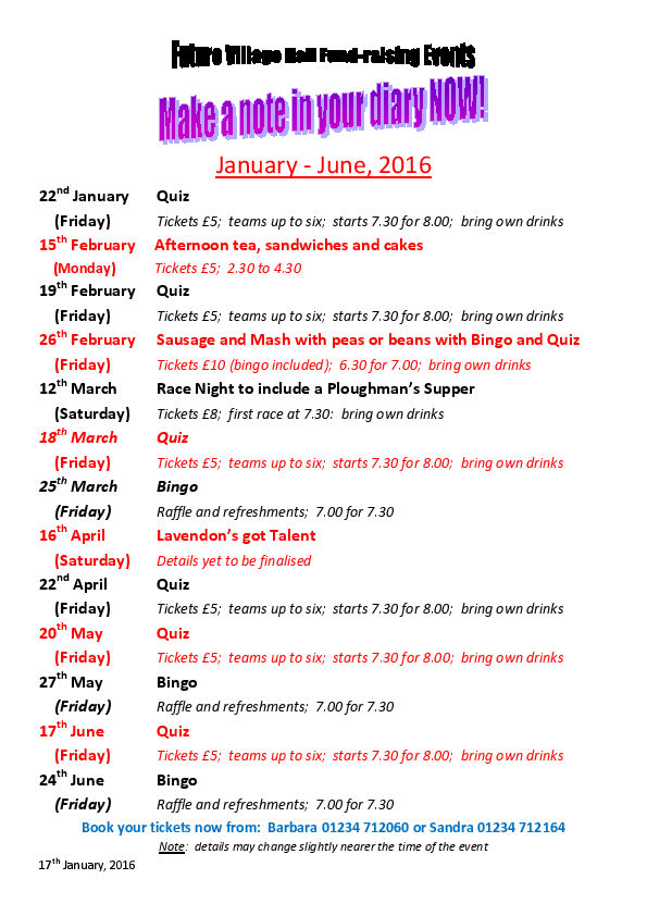 Lavendon Village Hall Events Jan - June 2016