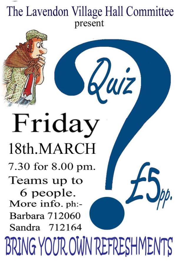 Quiz at Lavendon Village Hall, 18th March 2016