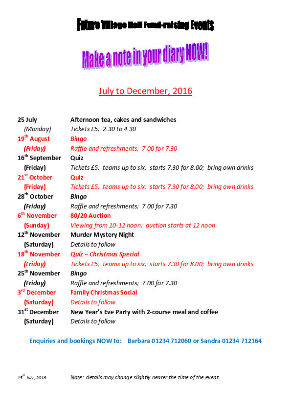 Fundraising events at Lavendon Village Hall, July to Dec 2016