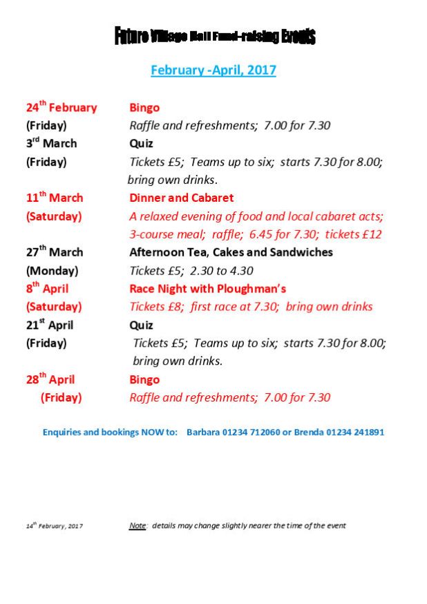 Feb-April 2017 - Fundraising Events in Lavendon Village Hall