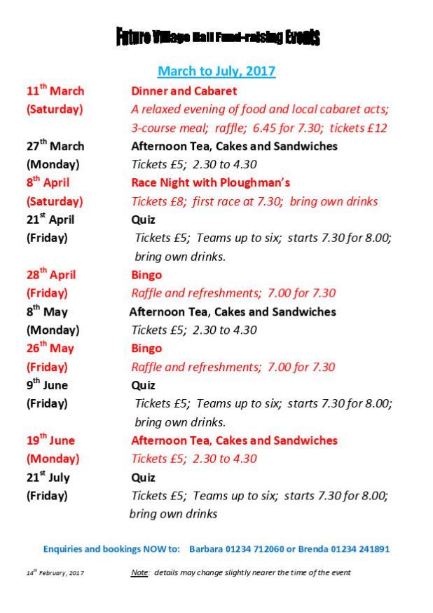 Lavendon Village Hall Fundraising Events - March/July 2017